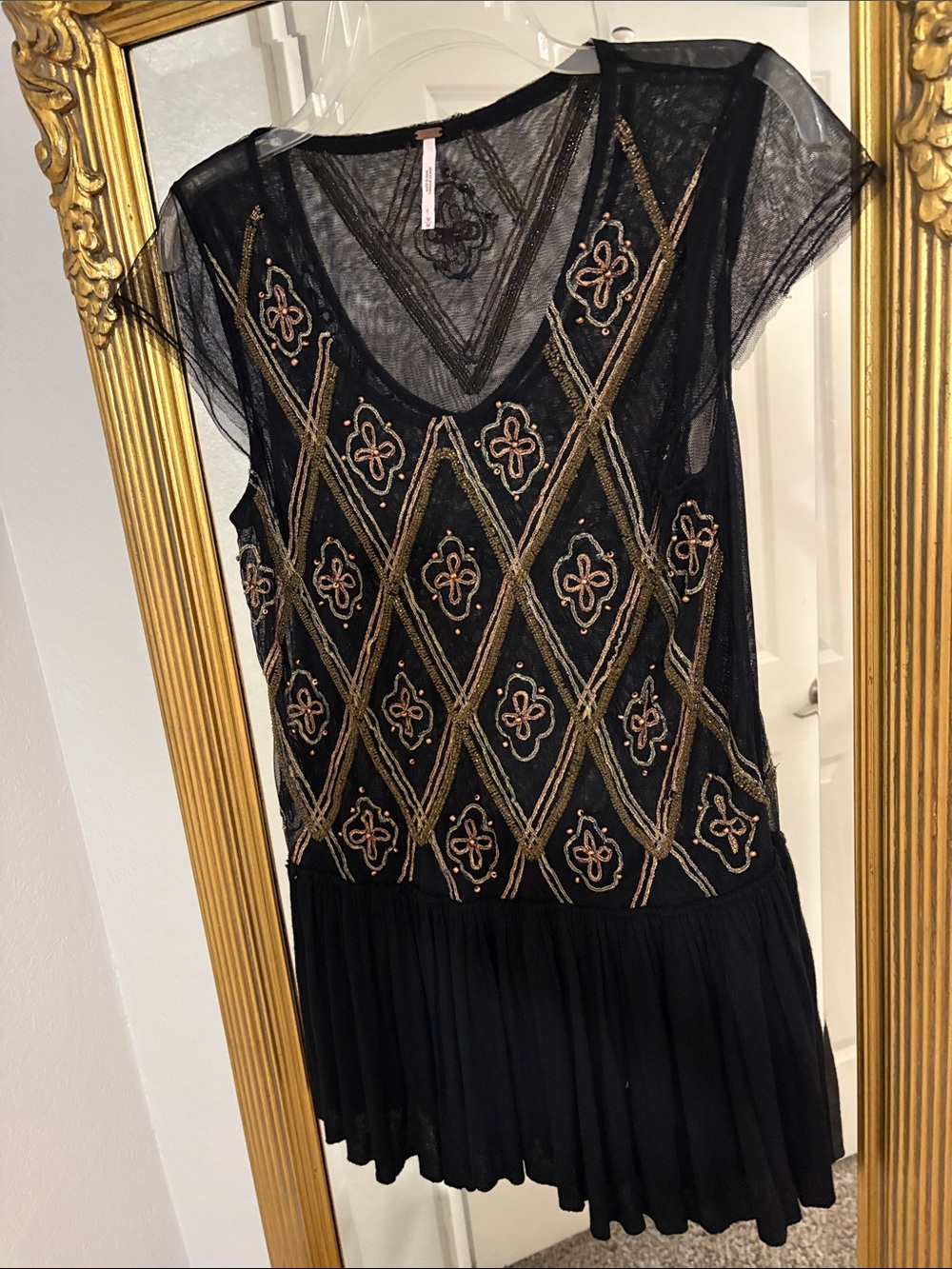 Free People Black Mesh Top with Gold & Copper Beading and metallic thread size m